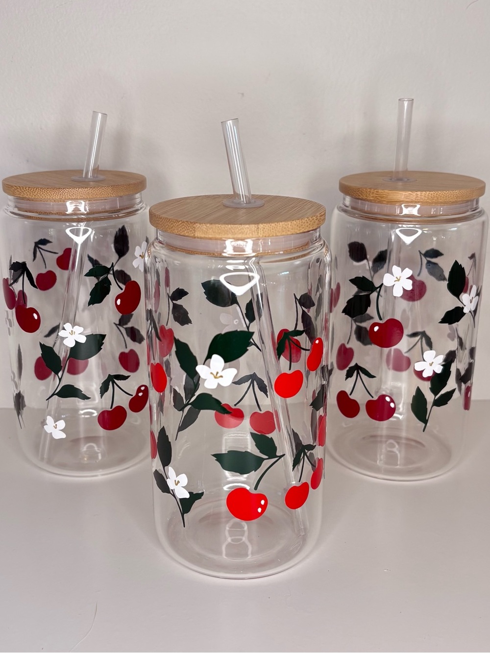 Custom Cherry Glass Tumbler with Bamboo Lid and Straw - (1!)